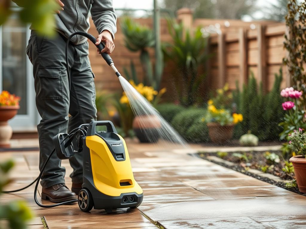 A high-resolution image of a professional using a Kärcher high-pressure cleaner to clean a patio. The scene should show the cleaner in action, with visible water spray and dirt being removed. The background should feature a clean, well-kept garden with natural tones and earthy textures. The composition should focus solely on the cleaning process, ensuring clarity and realism.