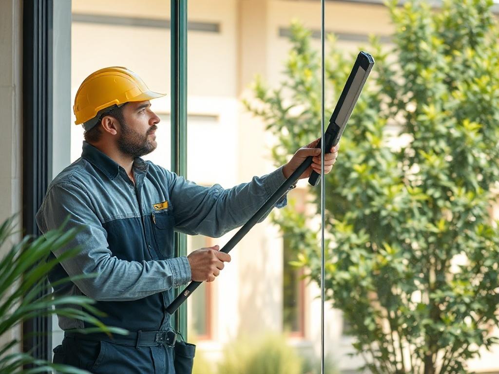 A professional window cleaner in action, cleaning a large glass window with a squeegee. The scene captures the cleaner focused and meticulous, showcasing reflections of a bright outdoor environment in the clean glass. The background includes a modern building with greenery, creating a fresh and inviting atmosphere.