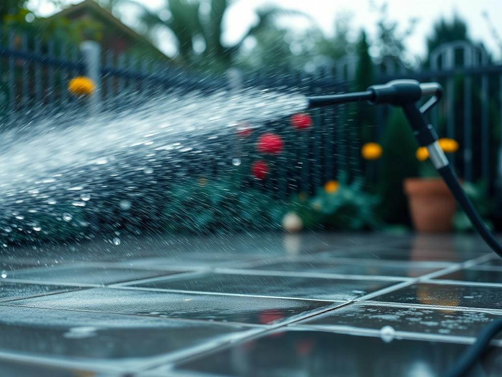 A close-up shot of a pressure washer in action, spraying water on a patio surface, capturing the force of the water and the clean surface being exposed, with a garden in the background, high-resolution hyper-realistic style.