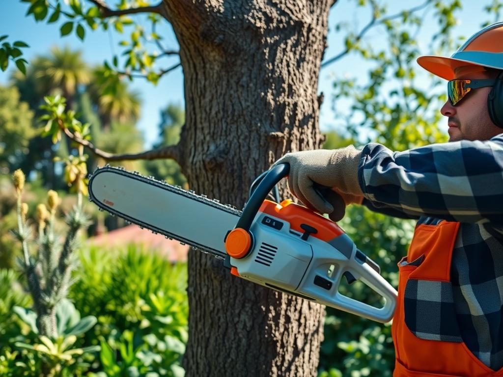 A realistic high-resolution photo of a professional gardener using a chainsaw to prune a large tree. The gardener is wearing safety gear, including gloves and goggles, and is focused on the task. The background features a lush green garden with various plants and a clear blue sky. The composition should highlight the chainsaw in action, capturing the moment of cutting, with a close-up perspective that emphasizes the professionalism and care involved in the tree trimming process.
