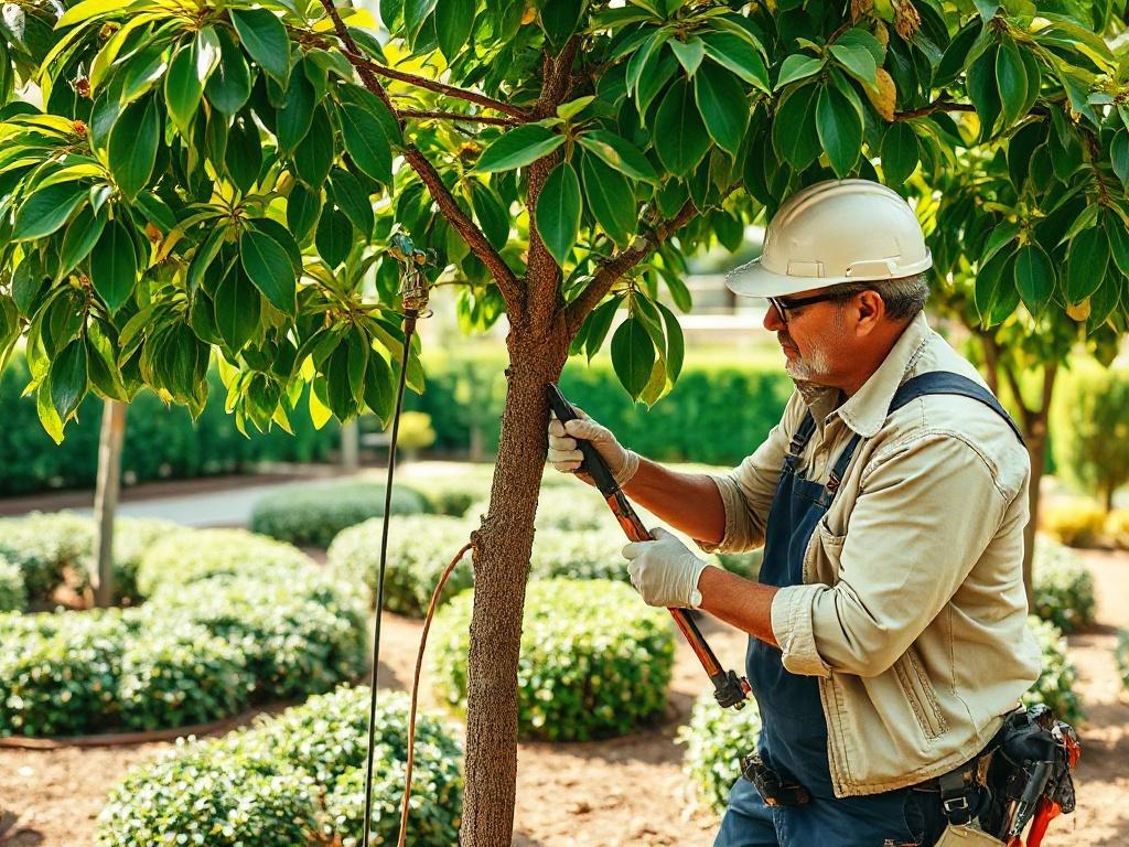 A professional arborist carefully pruning a tree with precision tools, surrounded by lush greenery. The background features a well-maintained garden, highlighting the beauty of nature. The scene conveys a sense of expertise and care, with sunlight filtering through the leaves, creating a serene and inviting atmosphere.