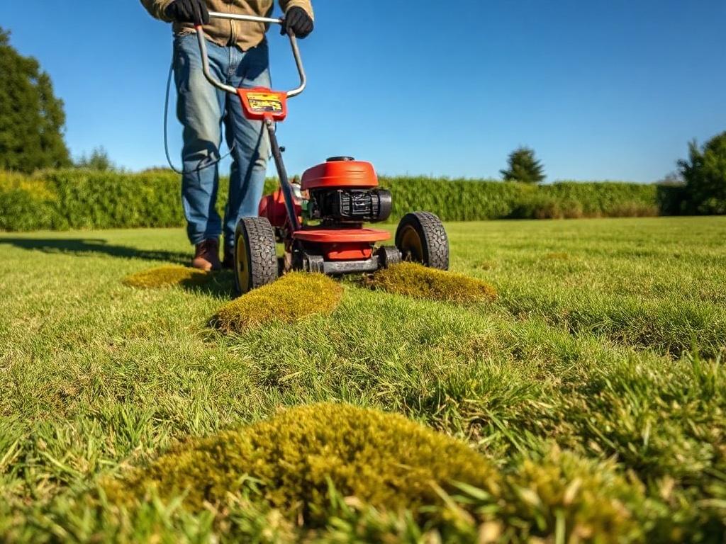 A vibrant green lawn being scarified by a professional using a scarifier machine. The machine is removing moss and thatch from the grass, with a clear blue sky in the background. The scene emphasizes the transformation of the lawn, showcasing healthy grass and a well-maintained garden environment.