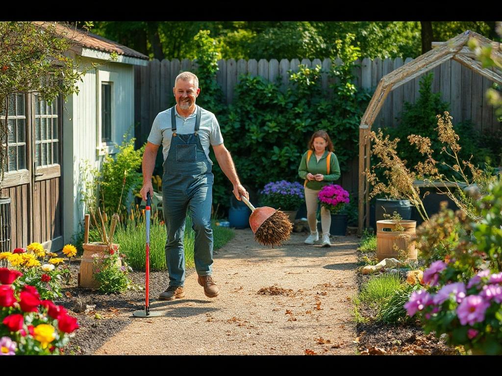 A team of two gardeners enthusiastically cleaning a garden, removing debris and leaves while organizing garden tools. The scene is lively, with blooming flowers and a clear pathway, showcasing the satisfaction of a well-maintained outdoor space.