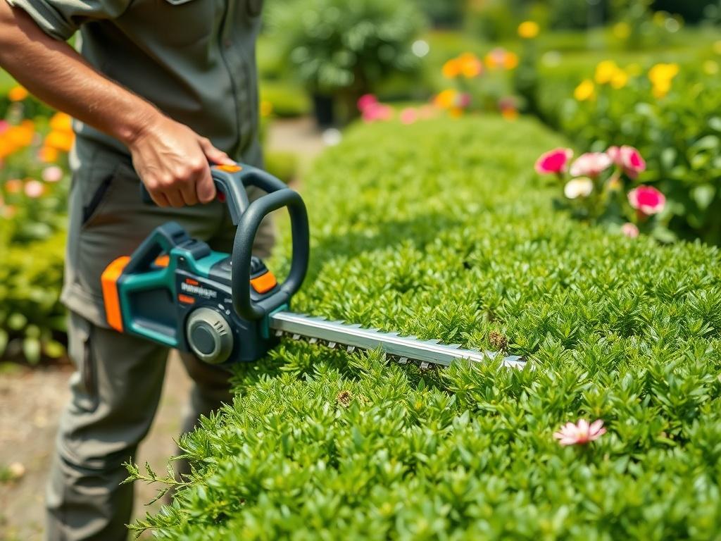 A close-up shot of a professional gardener trimming hedges using a motorized hedge trimmer in a lush green garden. The background features well-maintained plants and flowers, emphasizing a clean and vibrant outdoor environment. The gardener is focused on the task, showcasing their expertise and care for the plants. The lighting is bright and natural, highlighting the details of the tools and the greenery around.