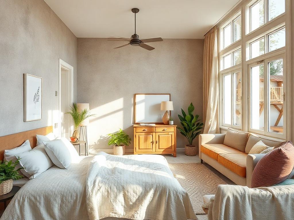 A high-resolution photo of a clean and tidy rental apartment, showcasing a well-made bed with fresh linens, a spotless living room area with natural light streaming in through large windows, and neatly arranged furniture. The background should have earthy tones with plants and decorative items that highlight a cozy and inviting atmosphere.