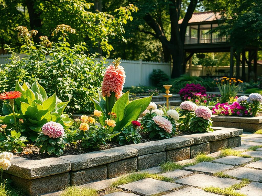 A realistic high-resolution photo of a beautifully landscaped garden featuring stone borders. The composition should focus on a single section of the garden where the stone borders are clearly visible, outlining flower beds and pathways. The background should consist of lush greenery, colorful flowers, and natural sunlight filtering through the leaves, creating a serene and inviting atmosphere.