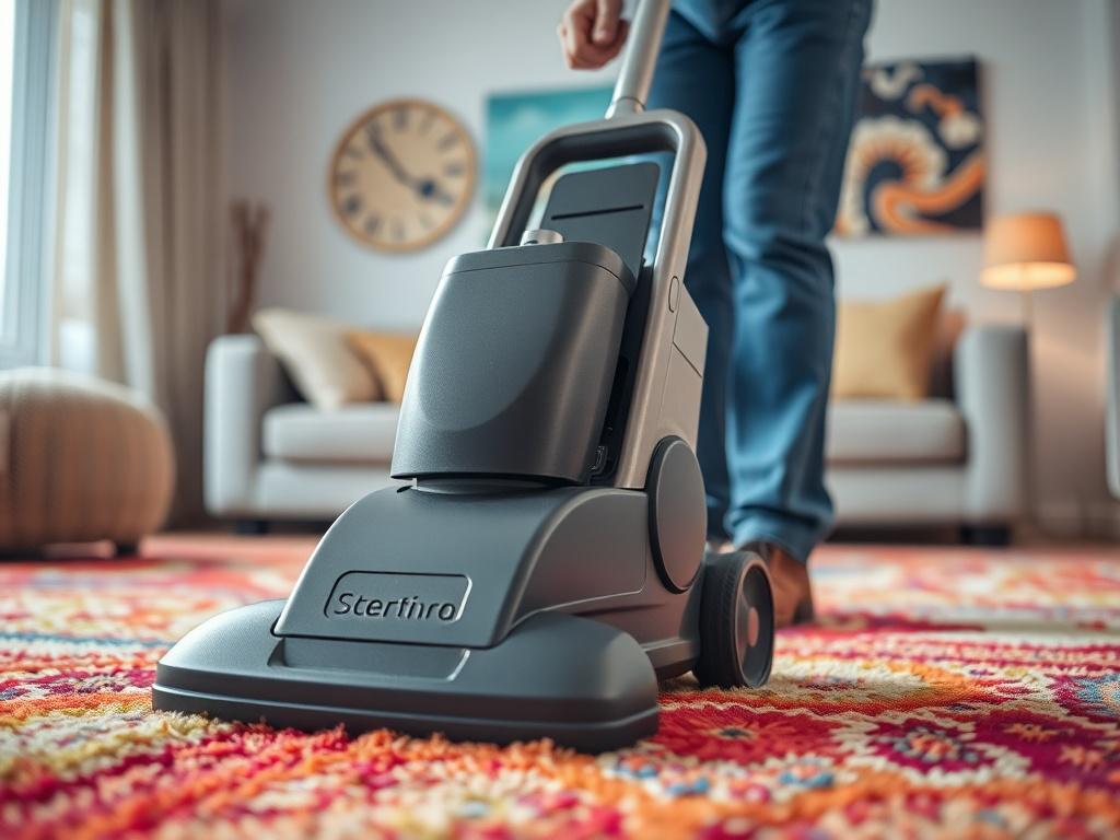 A close-up shot of a professional cleaning technician using a carpet cleaning machine on a vibrant, colorful carpet. The background should be a well-lit, modern living room setting, with a cozy atmosphere. The focus should be on the technician's hands operating the machine, showcasing the cleaning process in action. The colors should be bright and inviting, matching the rgb(4, 104, 120) primary color.