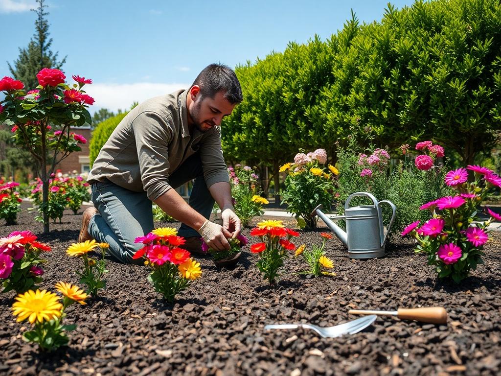 A serene garden scene showcasing a professional gardener planting vibrant flowers, small trees, and lush hedges. The gardener is kneeling in rich, dark soil, surrounded by colorful blooms and green foliage. The background features a sunny day with a clear blue sky, adding to the tranquil atmosphere. The garden is well-maintained, with tools like a spade and watering can nearby, emphasizing the care and attention given to planting.