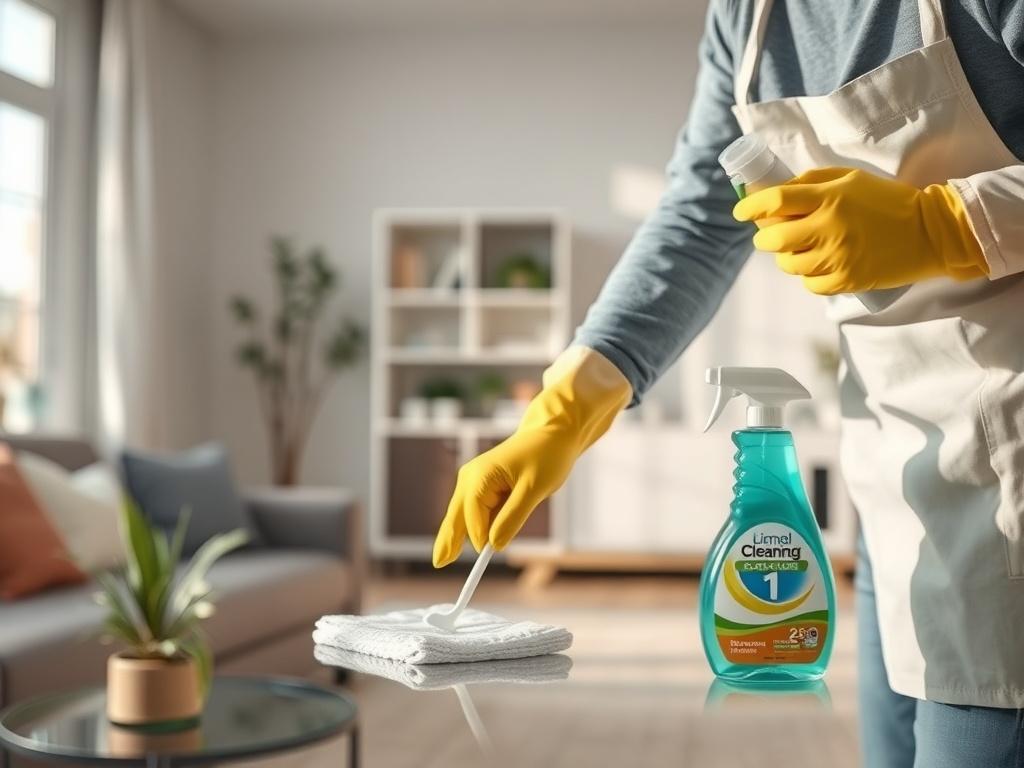 A realistic high-resolution photo of a professional cleaner in a well-lit living room, using eco-friendly cleaning products, with a focus on the cleaner's hands as they wipe a surface. The background should show a clean and organized living space, emphasizing cleanliness and care. The composition should be simple and clear, showcasing the cleaner as the main subject.
