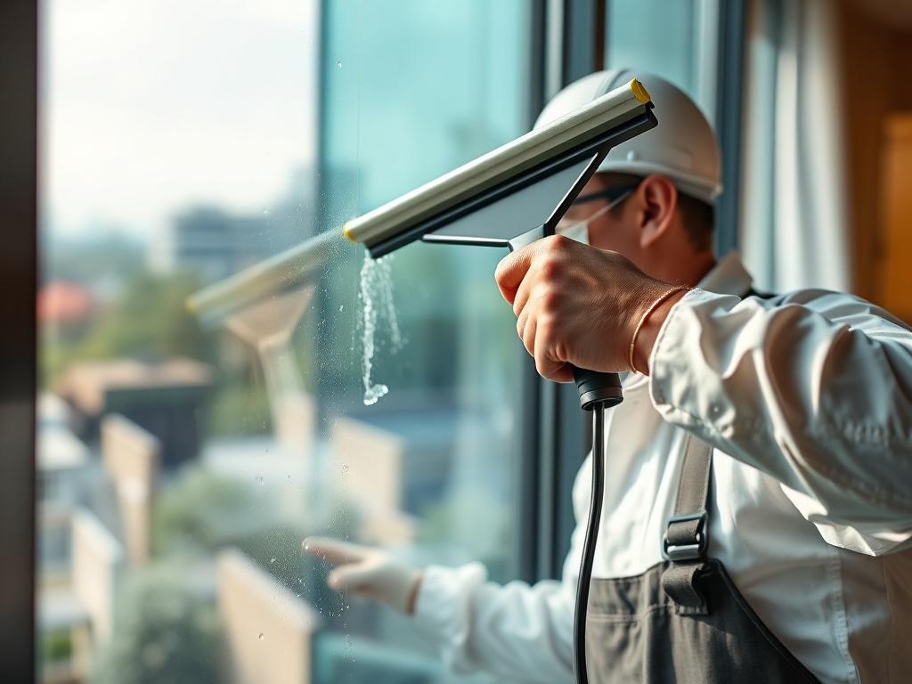 A realistic high-resolution photo of a professional window cleaner using a squeegee on a large window, with a beautiful view of the outside visible through the glass. The focus should be on the cleaner's technique and the sparkling clean window. The background should be slightly blurred, emphasizing the clarity of the window as the main subject.