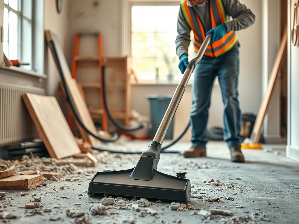 A realistic high-resolution photo of a construction cleanup crew actively cleaning a recently renovated room. The focus should be on a worker using a vacuum cleaner, with construction debris and tools visible in the background. The lighting should be bright and show a clear contrast between the mess and the clean area. The composition should highlight the effort of the cleanup team.