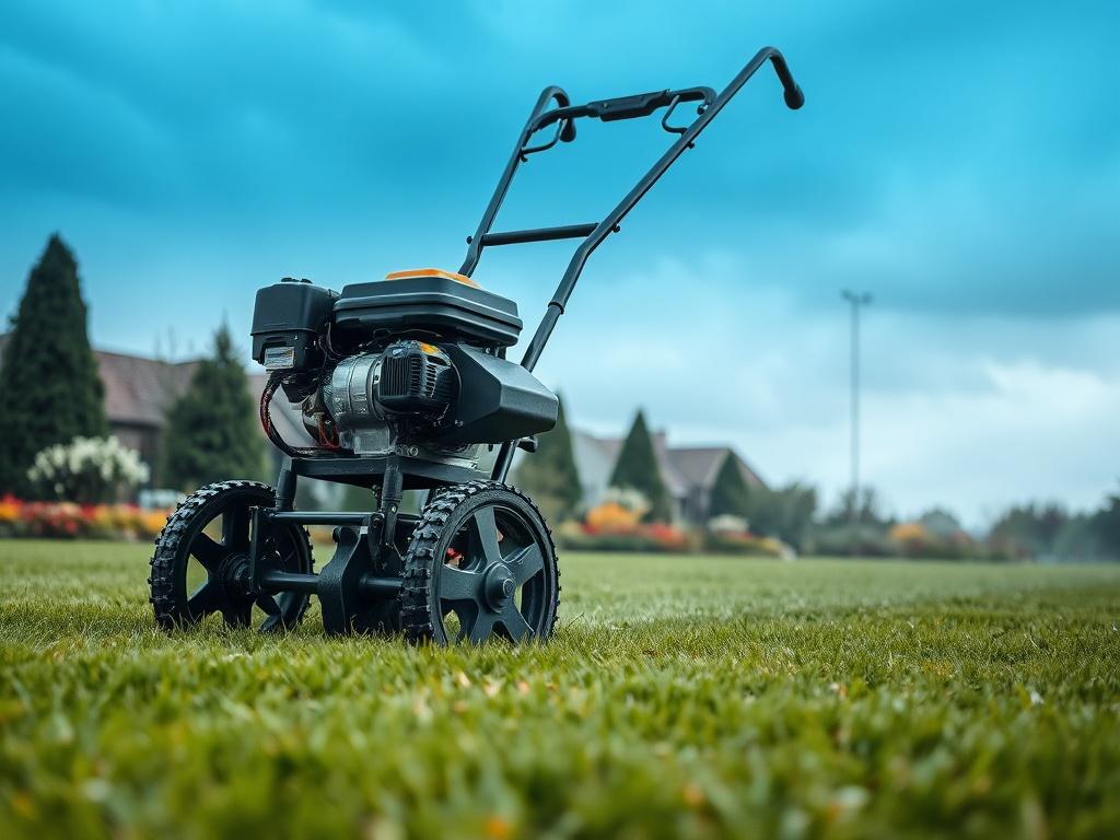 A realistic high-resolution photo of a motorized scarifier in action, showing the machine being used on a lush green lawn. The background features a well-maintained garden with soft gray tones, highlighting the rich blues of the sky. The focus is on the scarifier, showcasing its robust structure and blades, while the lawn looks freshly scarified, indicating effective lawn care.
