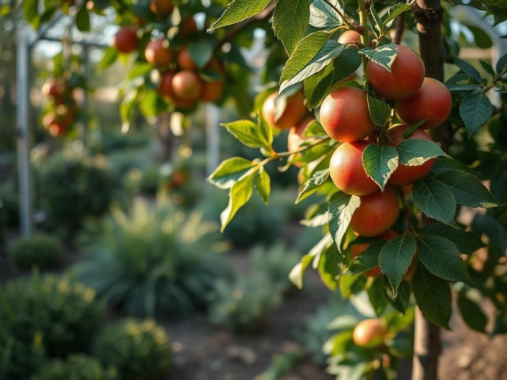A high-resolution photo of a healthy fruit tree in a lush garden setting. The tree should be the main focus, showcasing vibrant fruit and healthy leaves. The background features a soft, blurred view of a well-maintained garden with natural light filtering through the leaves, creating an inviting and serene atmosphere. The image should have earthy tones and a rustic aesthetic that complements a gardening theme.