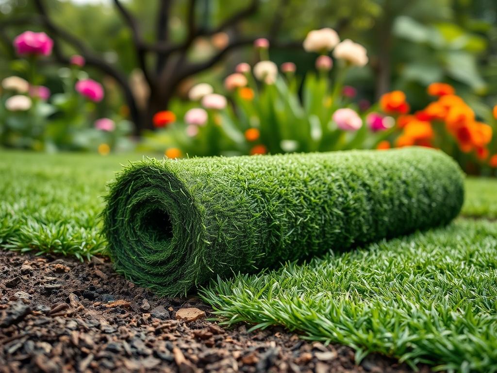 A realistic high-resolution photo of a freshly laid roll of sod in a lush green garden. The composition should feature a close-up of the rolled sod being unrolled onto the soil, with rich earthy textures visible. The background should have a blurred view of a vibrant garden with blooming flowers and trees, creating a serene and inviting atmosphere.