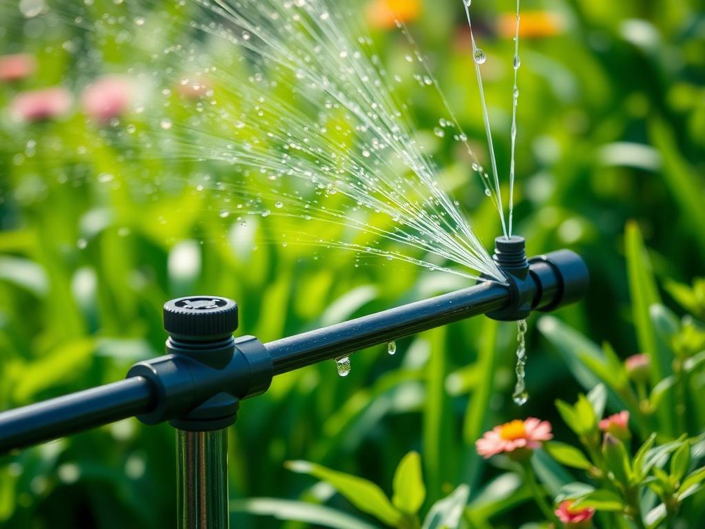 A close-up shot of a modern irrigation system installed in a lush green garden. The image should showcase the intricate design of the irrigation pipes and sprinkler heads, with droplets of water glistening in the sunlight. The background should be softly blurred, emphasizing the vibrant greenery of the plants and flowers around the irrigation system. The composition should be clear and focused, capturing the efficiency and beauty of a well-maintained garden irrigation setup.
