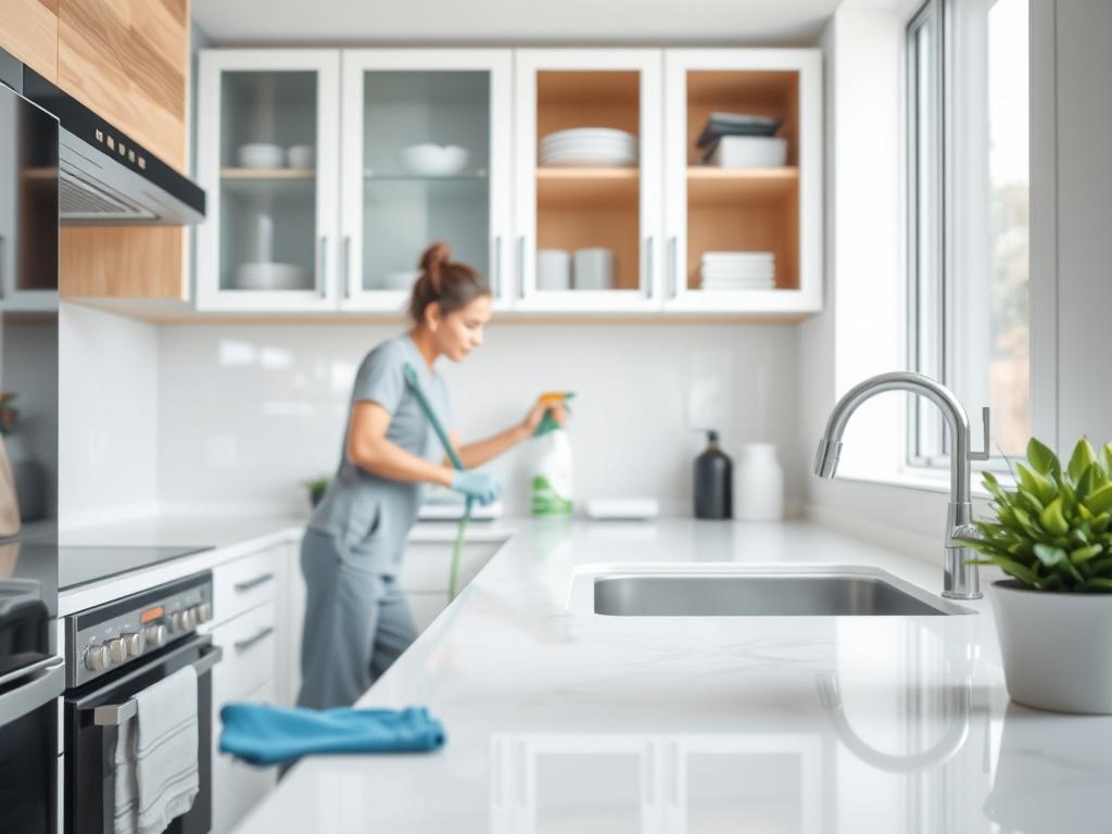 A modern kitchen undergoing deep cleaning, with a professional cleaner using eco-friendly products. The focus should be on the gleaming countertops, clean appliances, and organized cabinets. The scene should convey a sense of freshness and thoroughness, showcasing the effectiveness of a deep cleaning service.