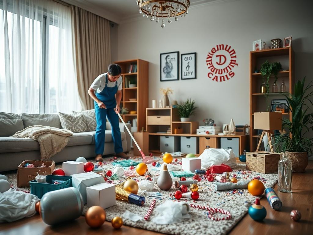 A living room after a party, showing a professional cleaner tidying up. The scene should display scattered decorations and leftover items being organized and cleaned. The focus should be on the transformation from chaos to order, highlighting the efficiency and thoroughness of an after-party cleaning service.