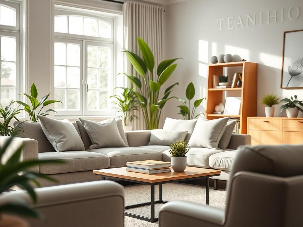 A clean and tidy living room, featuring a stylish sofa, a coffee table with books, and a bright window with natural light streaming in. The room should have a fresh, inviting atmosphere, with green plants in the background and soft, warm colors. The focus should be on a clean space, showcasing the results of a professional cleaning service.