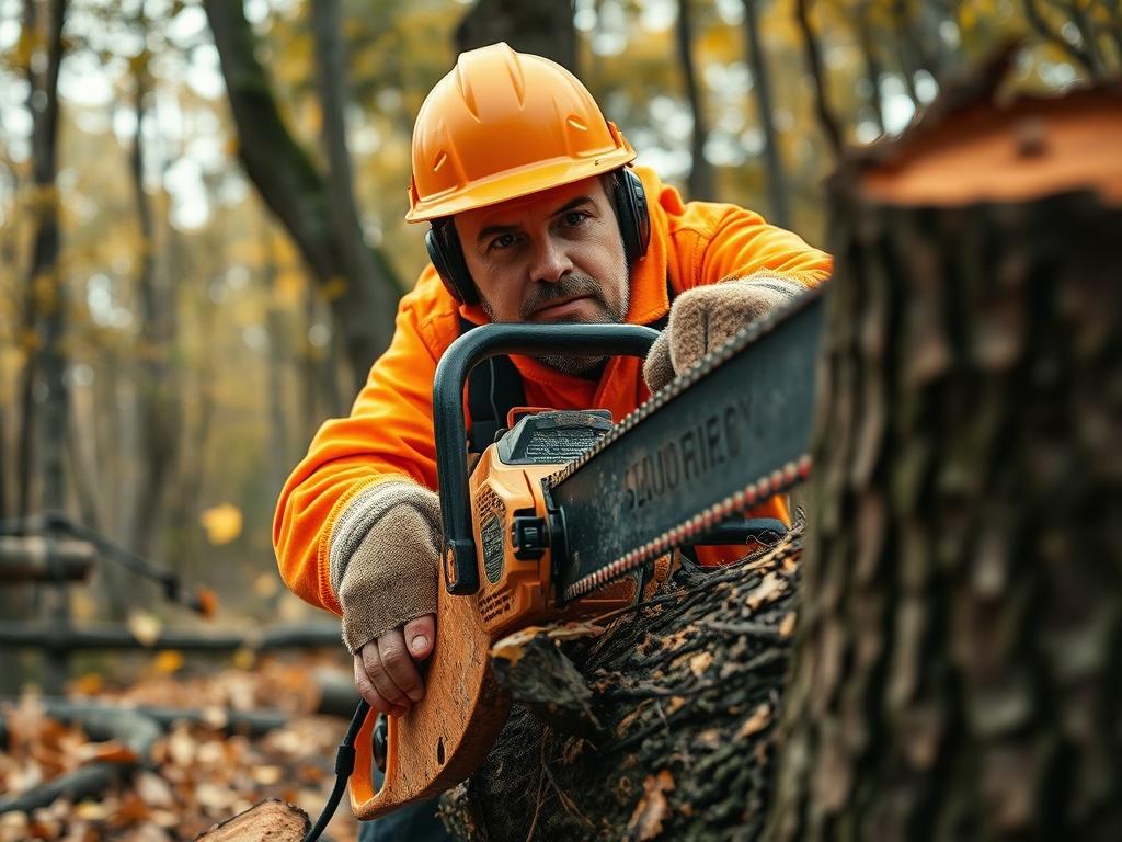 A close-up image of a professional logger cutting down a tree, with a chainsaw in action. The logger is wearing safety gear, with fallen leaves and branches around. The background features a clear forest setting. The focus is on the logger's determined expression while working.