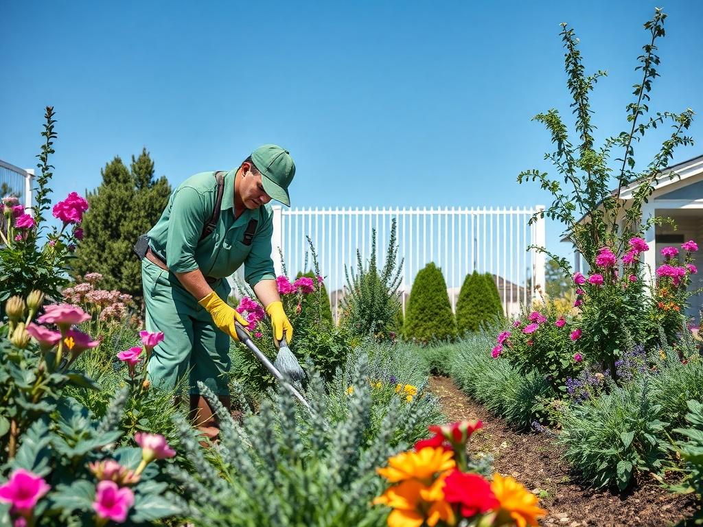 A realistic high-resolution photo of a professional gardener working in a beautifully landscaped garden, focused on cleaning and tidying up. The gardener is wearing a green uniform and gloves, surrounded by vibrant plants and flowers, with a clear blue sky in the background. The composition should highlight the gardener as the main subject, with soft gray and rich blue tones in the environment to create a calm atmosphere.