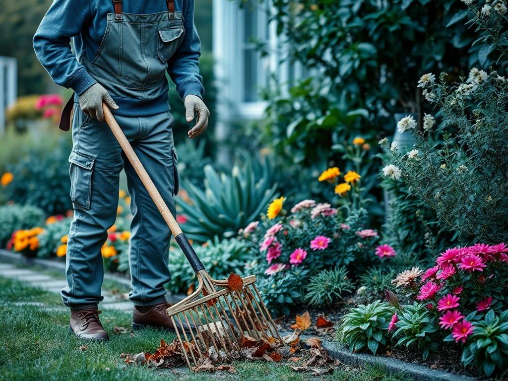 A highly detailed photo of a professional gardener performing a complete garden cleaning. The gardener is dressed in casual work clothes and is using a rake to gather leaves. The background features a well-maintained garden with vibrant plants and flowers, showcasing a serene and inviting environment. The lighting is soft, emphasizing the lush greenery and flowers in cool-toned shades of rich blues and soft grays.