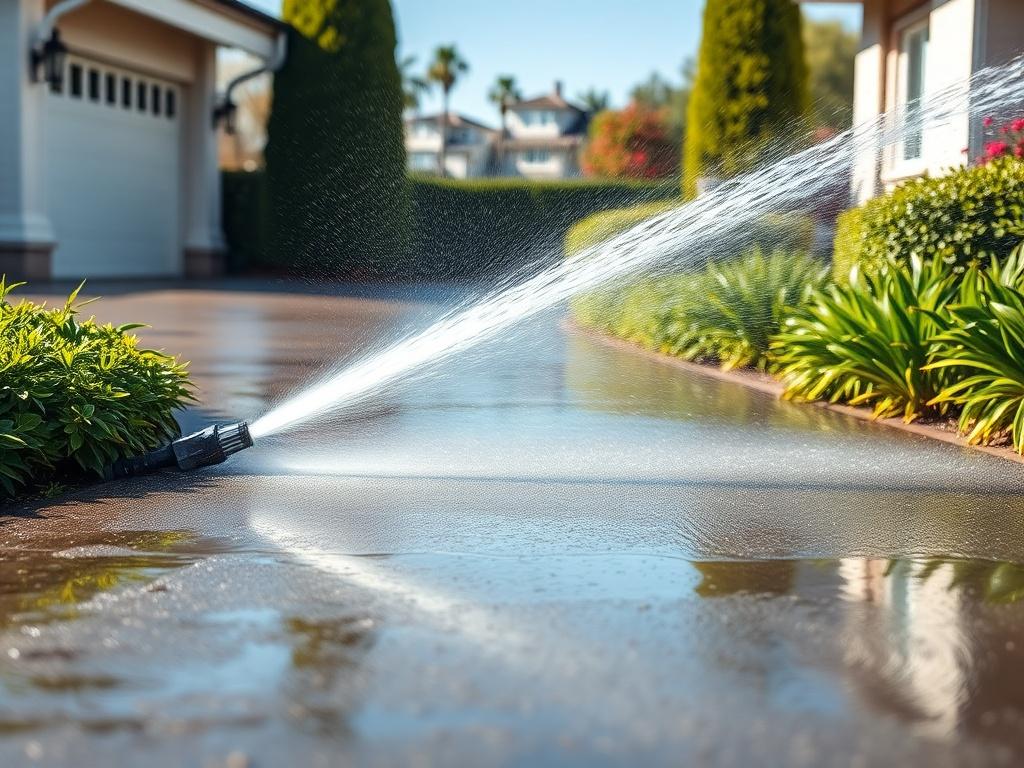 A high-pressure cleaning process in action, showing a clean driveway being washed with powerful water jets, surrounded by green plants, shot with a 45mm f/1.2 lens.