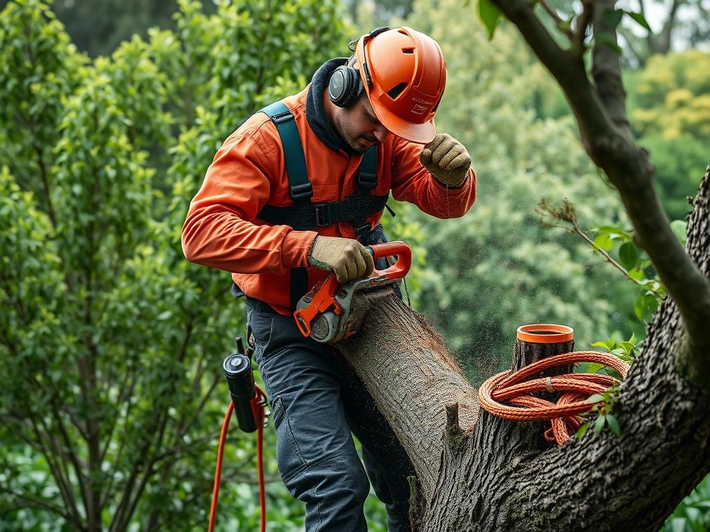 A professional tree removal expert in action, cutting down a tree with safety gear, surrounded by a lush green garden, captured with a 45mm f/1.2 lens.