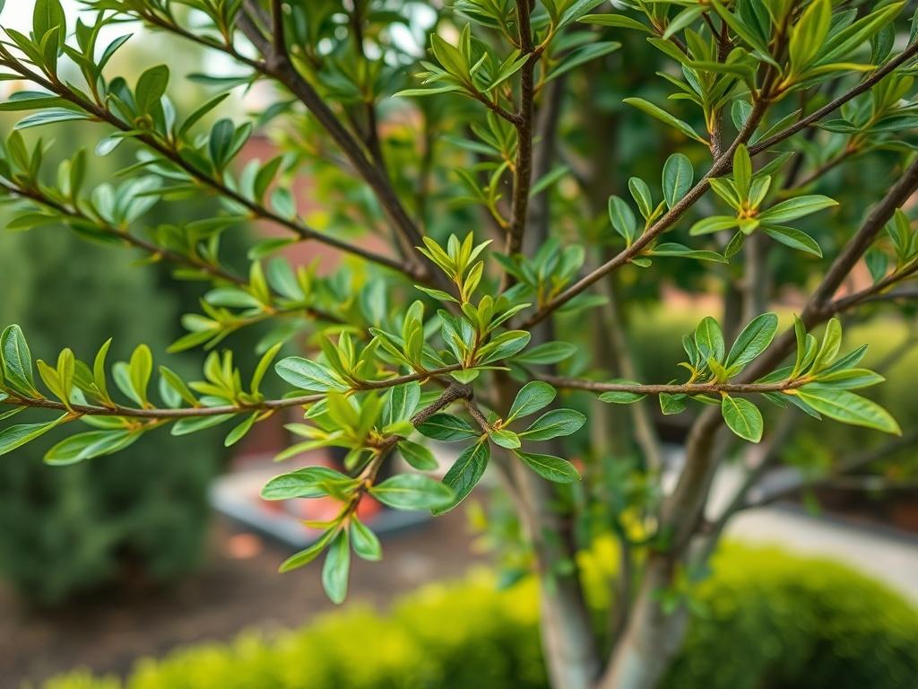 A close-up of a healthy tree being maintained with a focus on clean, trimmed branches, vibrant green leaves, and a well-kept garden background, shot with a 45mm f/1.2 lens.