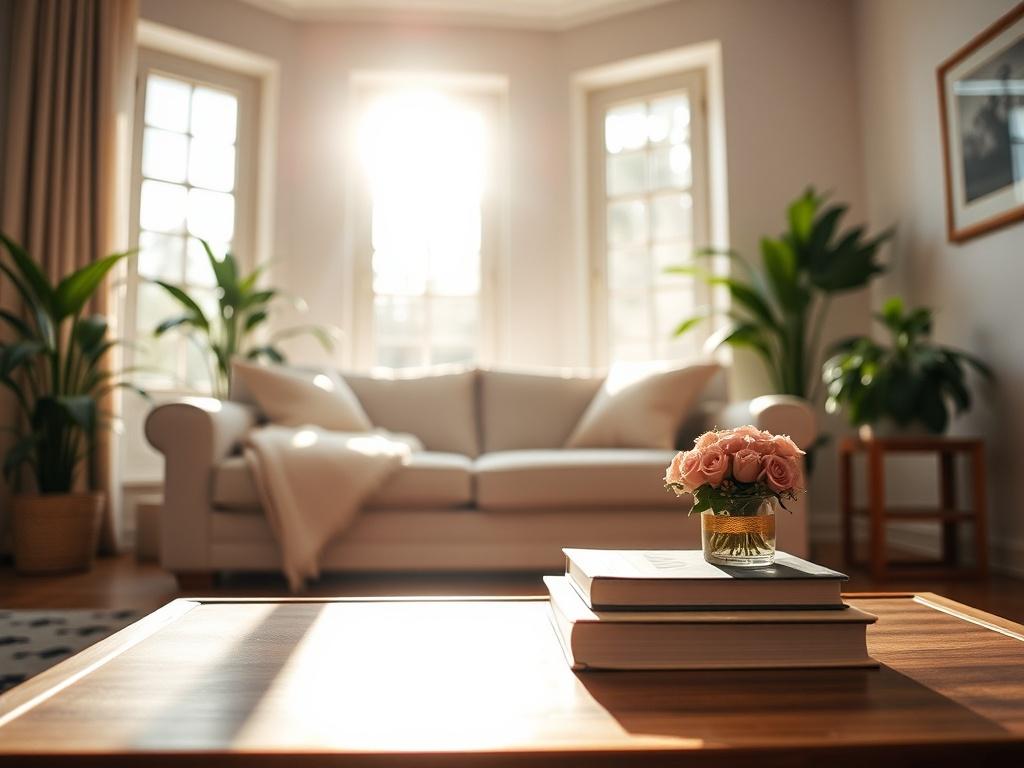 A realistic high-resolution close-up shot of a clean, bright living room with sunlight streaming through the windows. The focus should be on a neatly arranged coffee table with a flower vase and a few books, and the background should show a cozy sofa and green plants. The color scheme should incorporate the #1C6220 primary color, creating a warm and inviting atmosphere.
