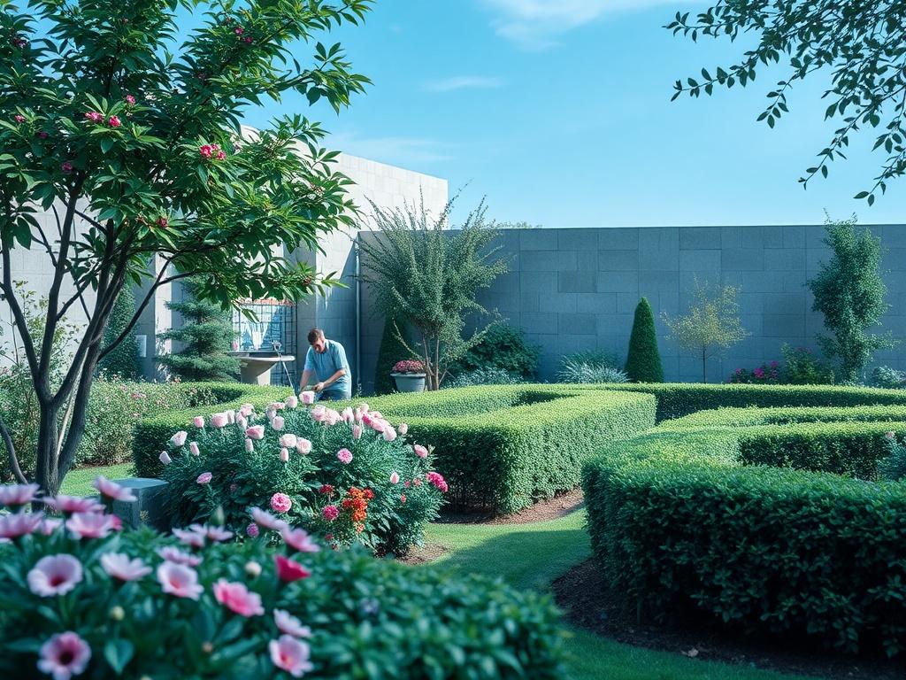 A serene, well-maintained garden with lush greenery, colorful flowers, and neatly trimmed hedges. The scene includes a gardener in the background, tending to the plants with care, showcasing professionalism and attention to detail. The background features a clear blue sky and soft gray-toned elements, creating a harmonious and inviting atmosphere.