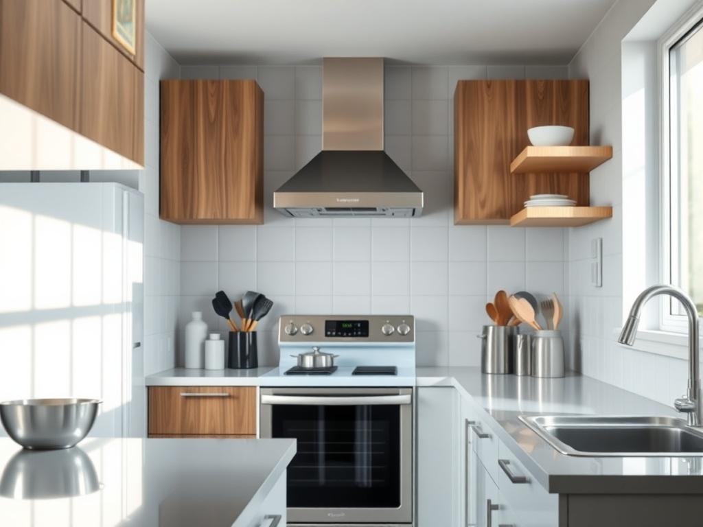 A hyper-realistic close-up shot of a clean and sparkling kitchen after a deep cleaning service. The kitchen features shiny countertops, spotless appliances, and neatly arranged utensils, with natural sunlight streaming through a window. The background should be simple and uncluttered, focusing solely on the kitchen's cleanliness and freshness.