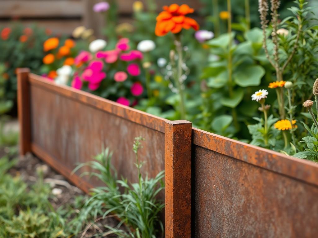 A detailed and realistic high-resolution photo of a corten steel garden border, showcasing its rustic and earthy texture. The composition should feature the metal border prominently, surrounded by a lush garden with vibrant plants and flowers in the background. The setting should convey a natural, harmonious outdoor environment, emphasizing the durability and aesthetic appeal of the corten steel. The lighting should be soft and warm, highlighting the unique color and patina of the corten steel.
