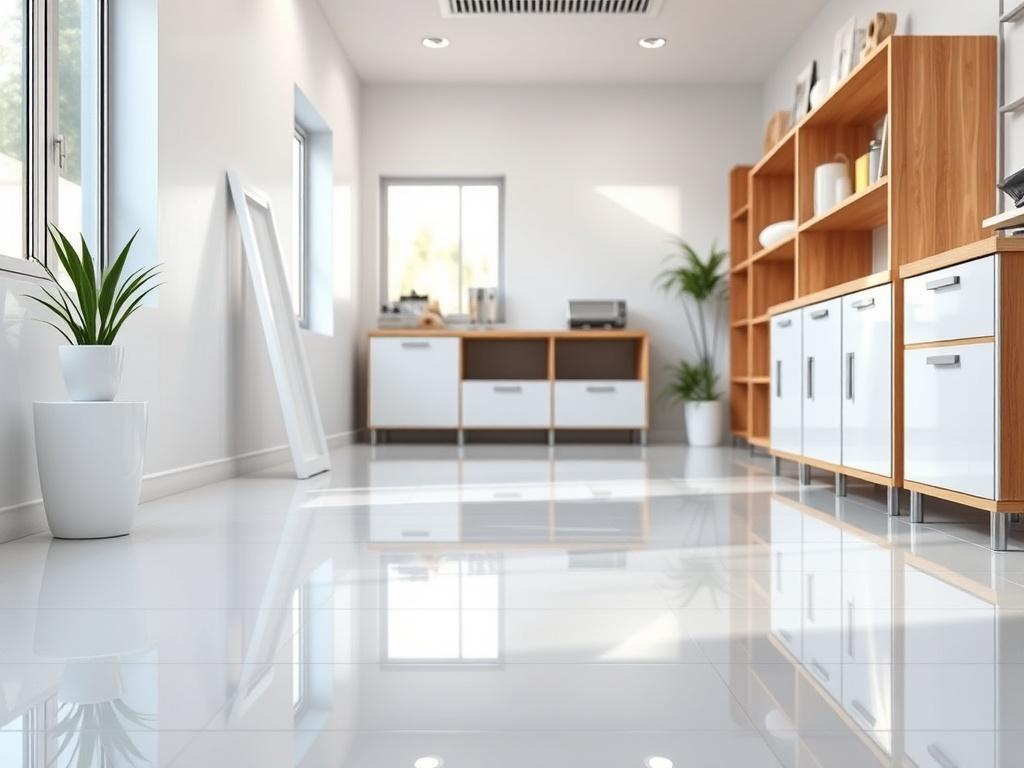 A hyper-realistic close-up shot of a clean and organized room after renovation, showcasing shiny surfaces and freshly cleaned floors. The background should be minimal, emphasizing the sparkling cleanliness of the space, with a focus on light reflecting off surfaces to convey a sense of freshness and a job well done.
