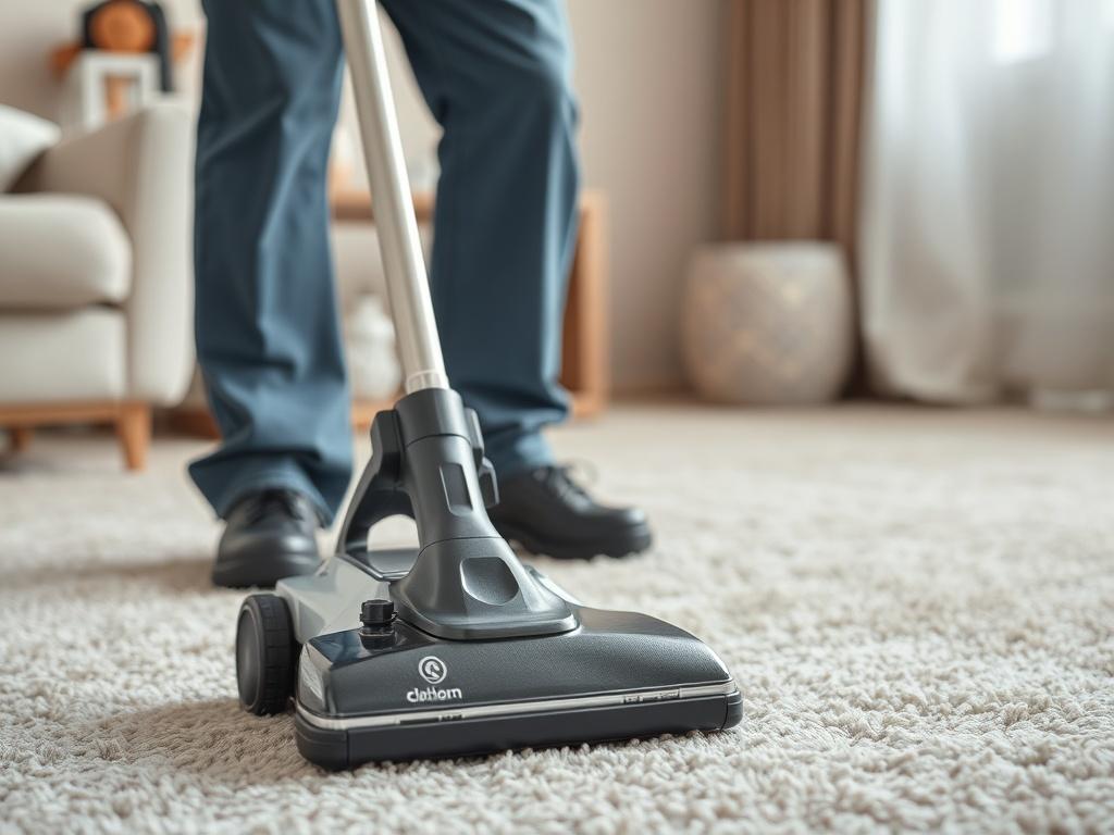 A hyper-realistic close-up shot of a professional cleaning technician using a steam cleaner on a plush carpet. The technician is focused, ensuring every fiber is cleaned thoroughly. The background is softly blurred, highlighting the texture of the carpet and the cleaning equipment. The primary color theme is rgb(4, 104, 120), creating a fresh and inviting atmosphere.