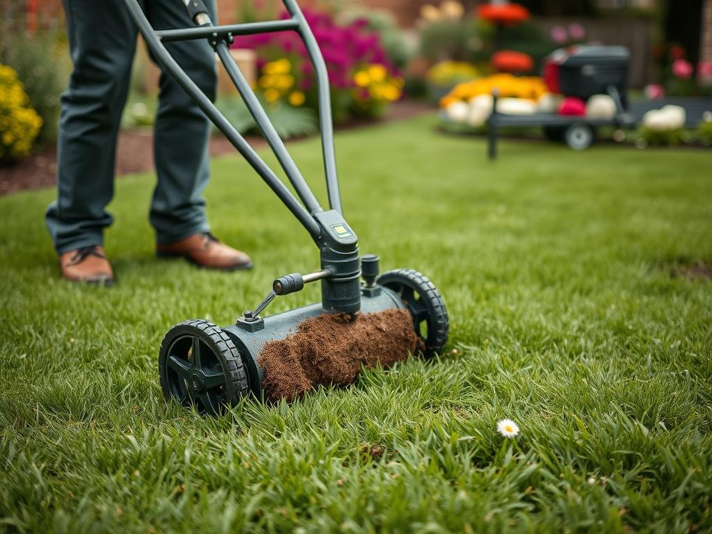 A close-up shot of a lawn being scarified by a professional gardener using a scarifier machine, showcasing the removal of thatch and the healthy soil below. The background features a vibrant garden, emphasizing the benefits of lawn care.