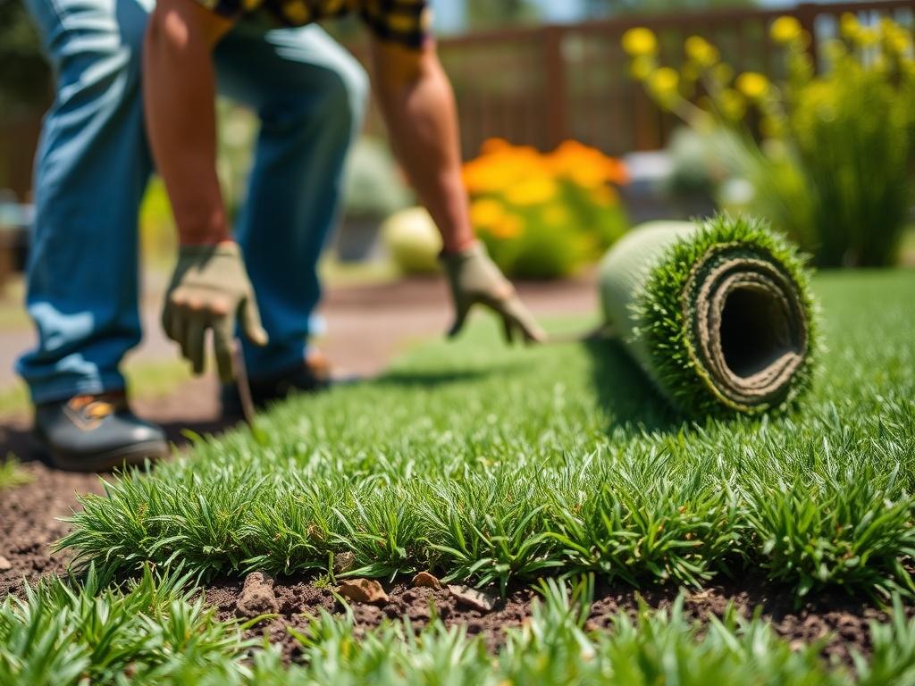 A close-up shot of a gardener laying down rolls of sod on freshly prepared soil, emphasizing the texture and freshness of the grass. The background features a sunny garden setting, highlighting the transformation of the outdoor space.