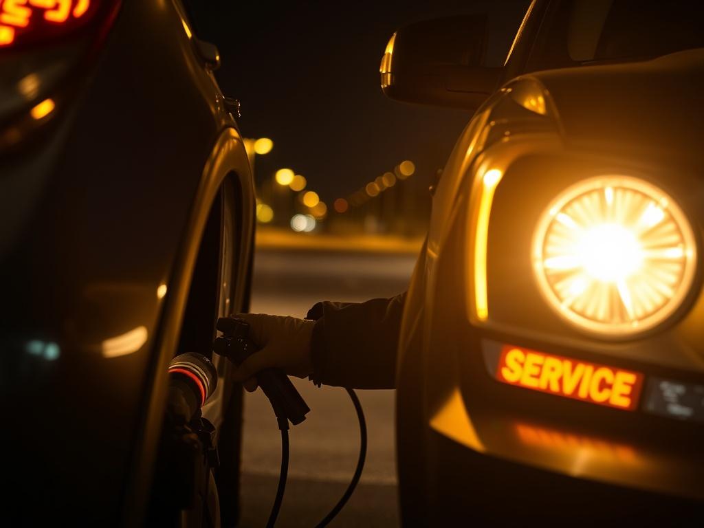 A nighttime scene where a technician is performing a jump start on a vehicle with headlights illuminating the area. The technician wears a reflective vest for visibility, and the atmosphere conveys urgency and professionalism. The background shows a dimly lit street, highlighting the service being provided at night.