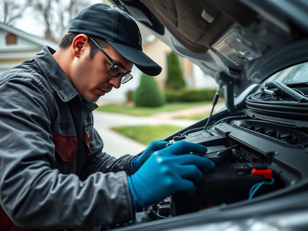 A close-up shot of a technician replacing a car battery on-site. The technician is focused, working with tools and a new battery. The background shows a suburban driveway, emphasizing the convenience of mobile service. The atmosphere conveys professionalism and a quick turnaround.
