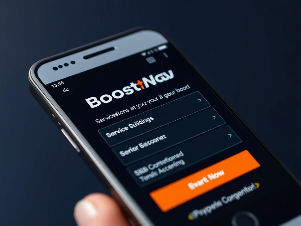 A close-up shot of a smartphone displaying the Boost⚡Now website with service options and a payment button, against a dark navy background, showcasing urgency.