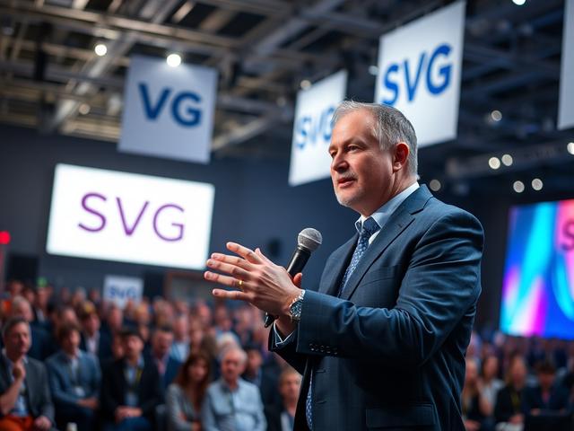 A close-up shot of Scott Rehling speaking at a large conference stage, with an audience in the background and a spotlight illuminating him. He is dressed in a professional suit, gesturing passionately while holding a microphone. The setting has a modern conference ambiance with banners displaying the SVG logo. The composition captures the energy of the event, focusing on Rehling's enthusiasm and engagement with the audience.