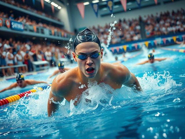 A dynamic and energetic scene of a college swimming competition, featuring athletes in action, splashing water, and an enthusiastic crowd in the background. The focus should be on a swimmer emerging from the water, showcasing determination and athleticism. The lighting should highlight the energy and excitement of the event, with vibrant colors and a clear focus on the swimmer's expression. The background should be slightly blurred to ensure the swimmer remains the central subject.