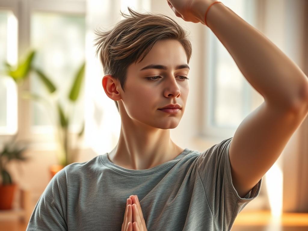 **AI Image Generation Prompt:**

Create a realistic high-resolution photo that embodies the title "ADHD Treatment Beyond Medication." The image should feature a serene, focused individual engaged in a yoga pose, such as the Tree Pose (Vrksasana), symbolizing the body-mind approach to ADHD treatment. The subject should be a young adult with a calm expression, highlighting the peaceful and mindful aspect of non-pharmacological interventions.

Set the scene in a tranquil, softly lit room with warm tones for a 