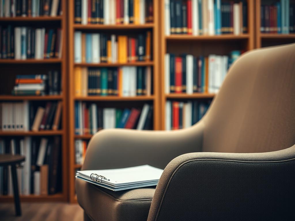 A close-up shot of a psychologist's office with warm lighting, featuring a comfortable chair and a notepad. The background should show a bookshelf filled with psychology books. The overall atmosphere should convey a sense of calm and professionalism, with a focus on mental well-being.