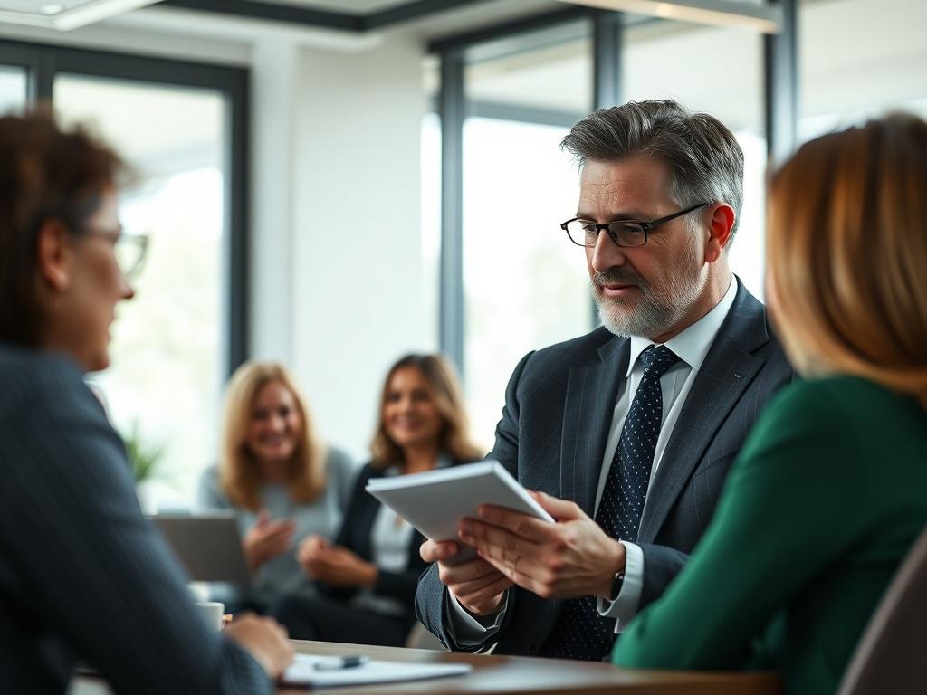A focused, hyper-realistic close-up of a consultant engaging with a church team in a modern office setting. The consultant, a middle-aged individual in professional attire, is actively listening and taking notes. The background features a bright, welcoming meeting room with a large window showing natural light. The color scheme incorporates shades of green that complement the #5CDB95 primary color.