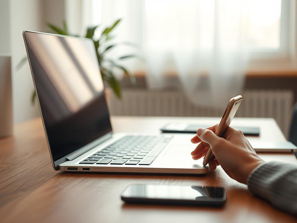 Create a highly detailed, realistic high-resolution photo that captures the essence of the blog titled "Explorando la Resonancia en la Tecnología." The image should feature a single subject: an artistically arranged modern technological device, such as a sleek laptop or a stylish smartphone, prominently displayed in the center of the composition. The device should be in use, showcasing a serene user interaction, perhaps with hands gently tapping or swiping on the screen, illustrating the smooth integration 