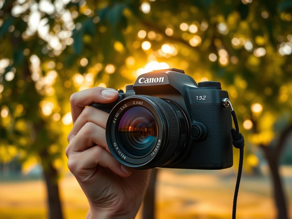 **Prompt for AI Image Generator:**

Create a highly realistic high-resolution image that embodies the essence of capturing a unique moment, reflecting the theme "Cómo Capturar la Resonancia de un Instante." The composition should be simple and focused, featuring a single subject: a modern digital camera held in a person's hands, poised to take a photograph. The camera should exhibit intricate details, showcasing its sleek design and high-tech features.

In the background, set a tranquil outdoor scene during