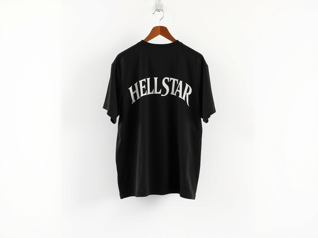 A realistic high-resolution photo of the Black HellStar Shirt displayed on a minimalist hanger against a clean, light-colored wall. The shirt should be black, made of custom milled cotton, featuring classic HellStar graphics prominently displayed on the chest and back. The vintage wash and potassium spray finish should be subtly highlighted, showcasing the shirt's quality and texture. The composition should focus solely on the shirt, with no additional elements or distractions.