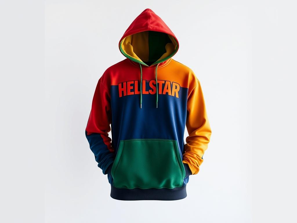 A realistic high-resolution photo of a HELLSTAR Multicolored Hoodie displayed against a minimalist backdrop. The hoodie should be the single subject, showcasing its vibrant colors and unique design. The background should be clean and simple, emphasizing the hoodie’s details. Use bold, vibrant colors that align with the RGB(50, 170, 39) primary color theme, ensuring a photorealistic look.