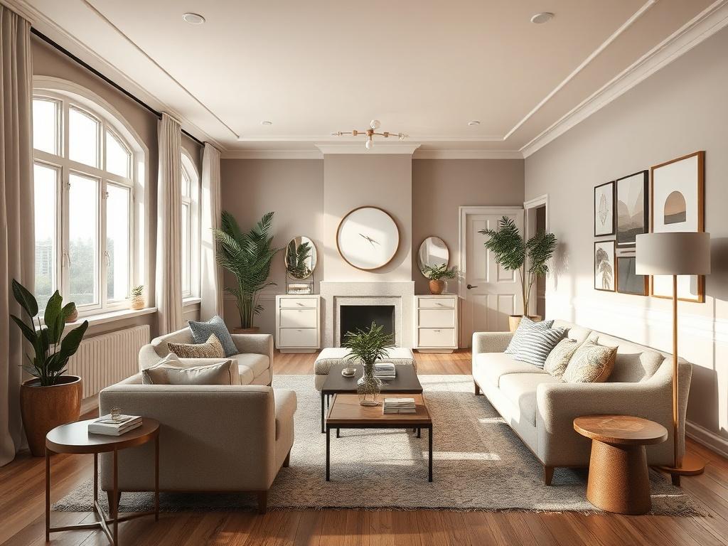A stunningly renovated room showcasing a blend of modern and traditional elements. The room should feature fresh paint, new flooring, and stylish decor that highlights the renovation's success. Natural light should enhance the inviting atmosphere, with elegant furnishings and thoughtful design choices that create a harmonious and appealing environment.