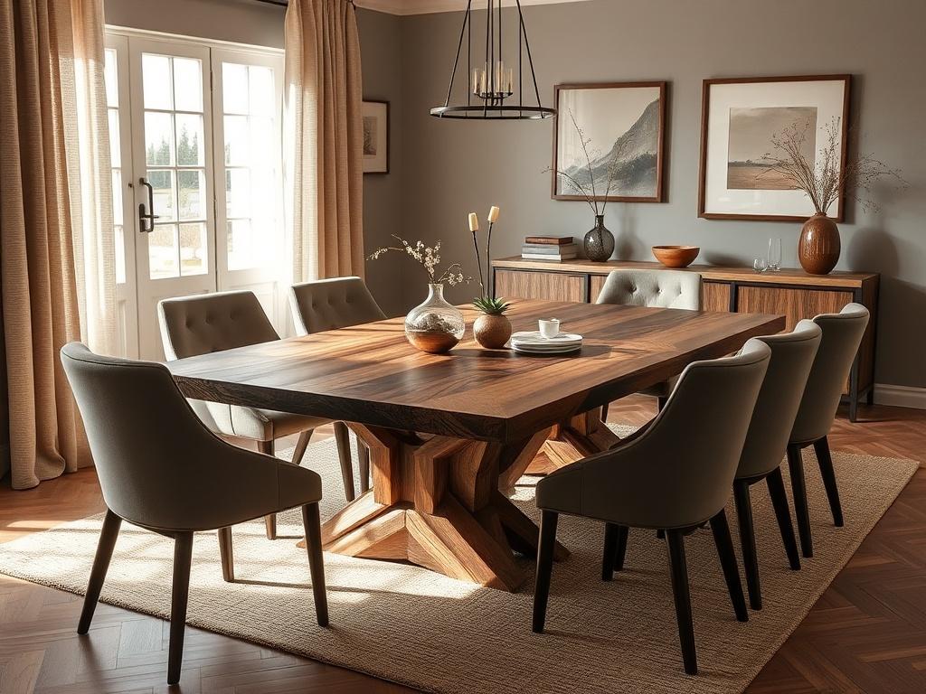 An elegant custom furniture piece, such as a handcrafted dining table made from reclaimed wood, surrounded by stylish chairs. The setting is warm and inviting, with soft natural light illuminating the space, showcasing the craftsmanship and premium quality of the furniture.